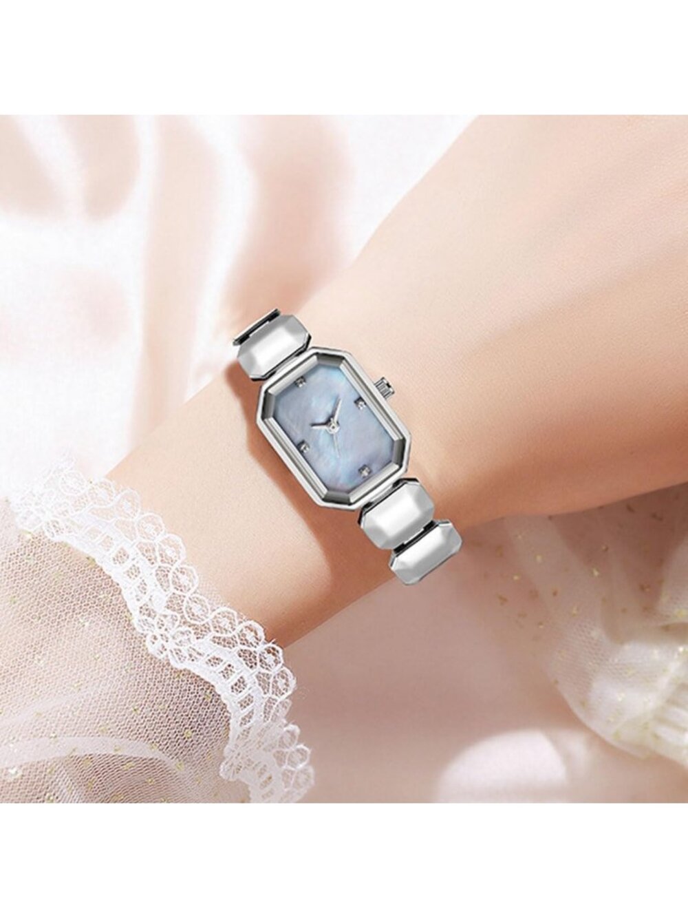 Women's Silver Rectangle Bracelet with Dainty Stainless Steel Band Quartz Watch - Picture 4 of 6